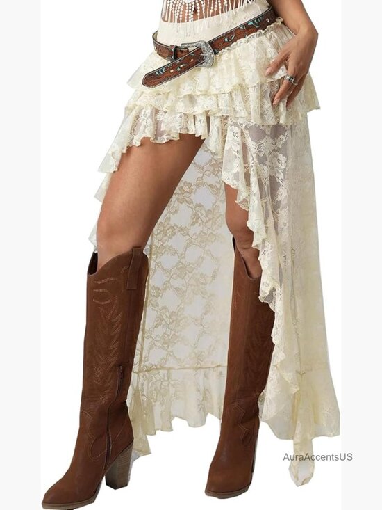 Dresses & Skirts - Y2K Layered Lace Asymmetrical Ruffle Hem Maxi Skirt Boho Flowy